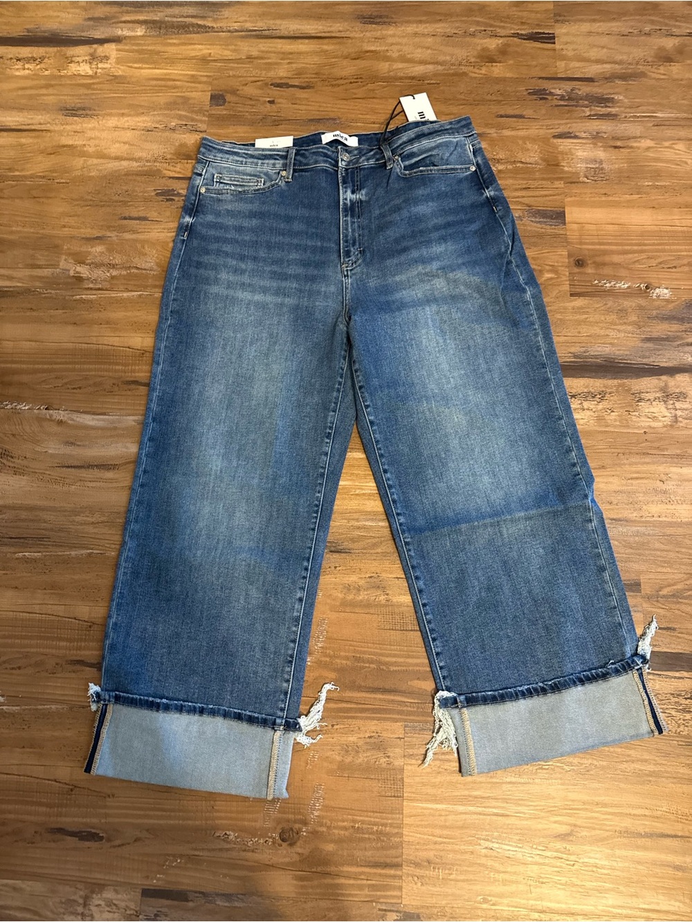 Wide Leg Cuffed Women's Jeans in Denim Blue